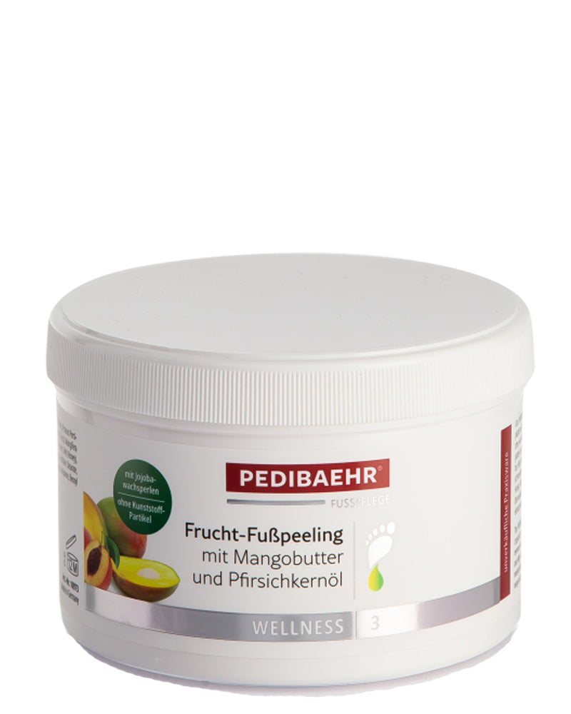 Pedibaehr Wellness hydraterende suikerpeeling met mangoboter 450 ml — verwijdert dode huidcellen en hydrateert de huid van voeten en lichaam