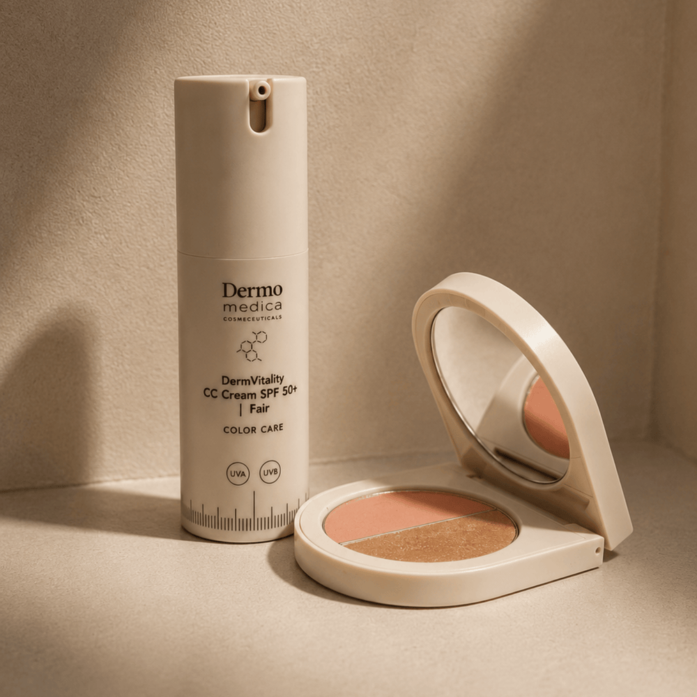 DermoMedica Kampanjset – Glowy Duo Fair — CC cream SPF 50+ och puder för ljus hudton