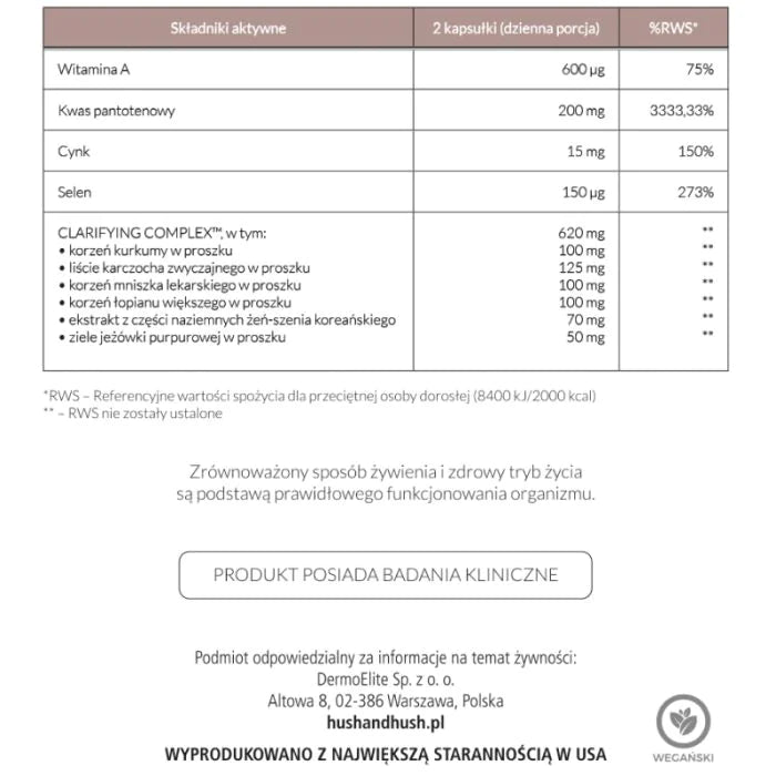Hush & Hush SkinCapsule Clear+ — suplemento vegano para el acné