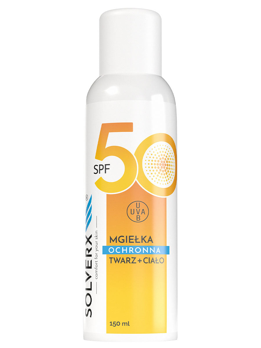 Solverx beskyttende mist til krop og ansigt SPF50 — let UVA- og UVB-beskyttelse i spray
